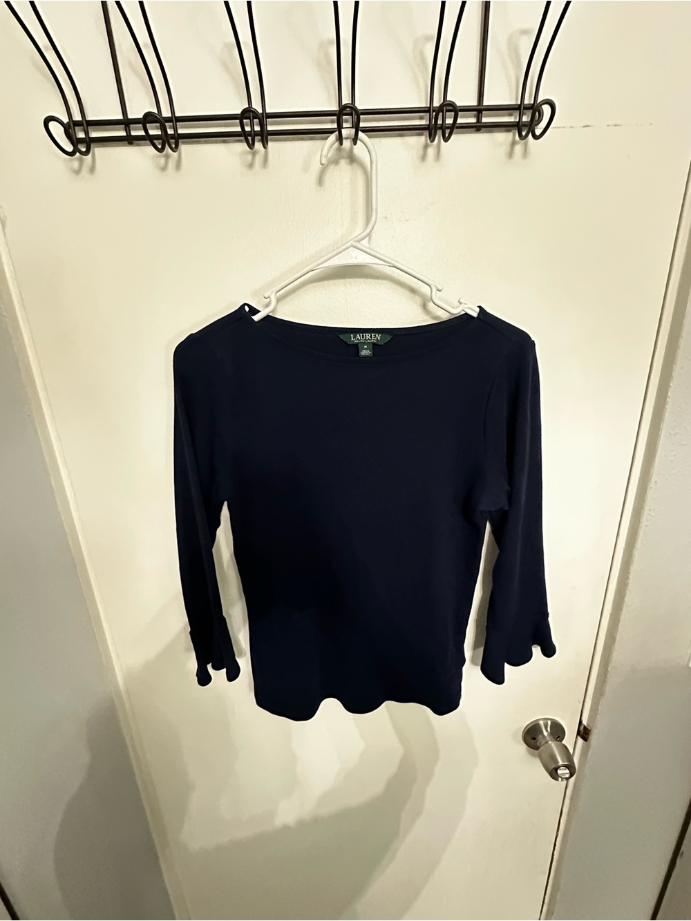 Lauren Ralph Lauren Navy Scalloped Hem Boatneck Long Sleeve Top